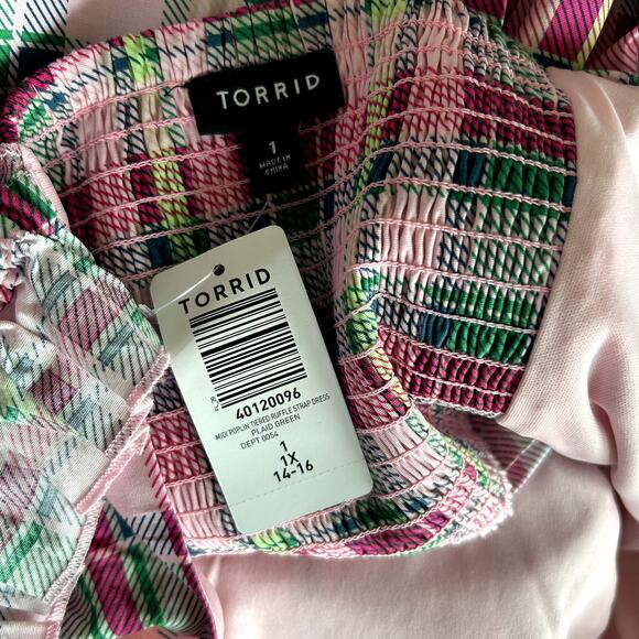 Torrid Midi Poplin Tiered Ruffle Dress Size 1X Plus Plaid Pink Pastel Preppy NWT - Picture 9 of 10